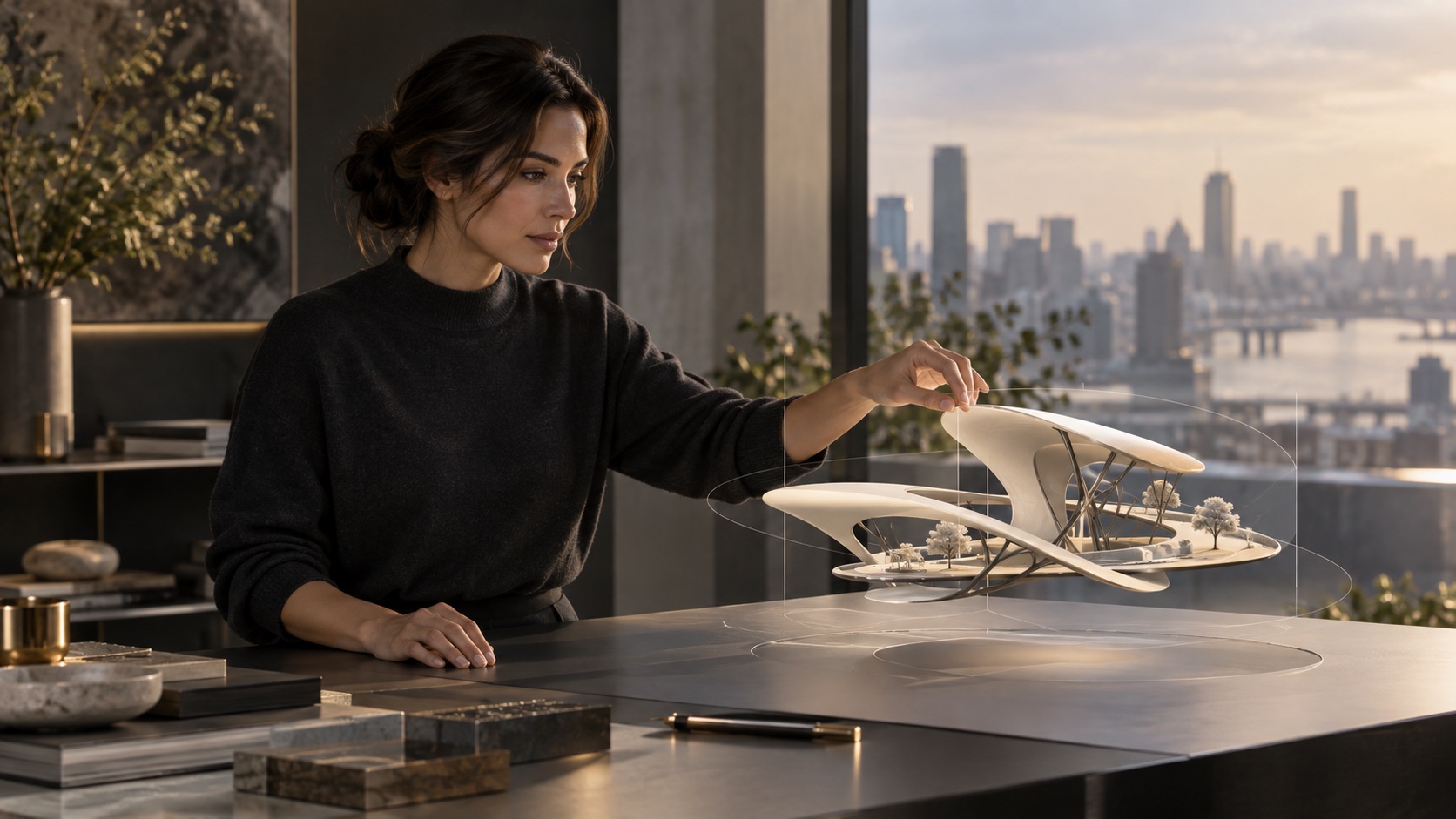 Conceptual future scene: a woman shapes a spatial architectural model above her worktable.
