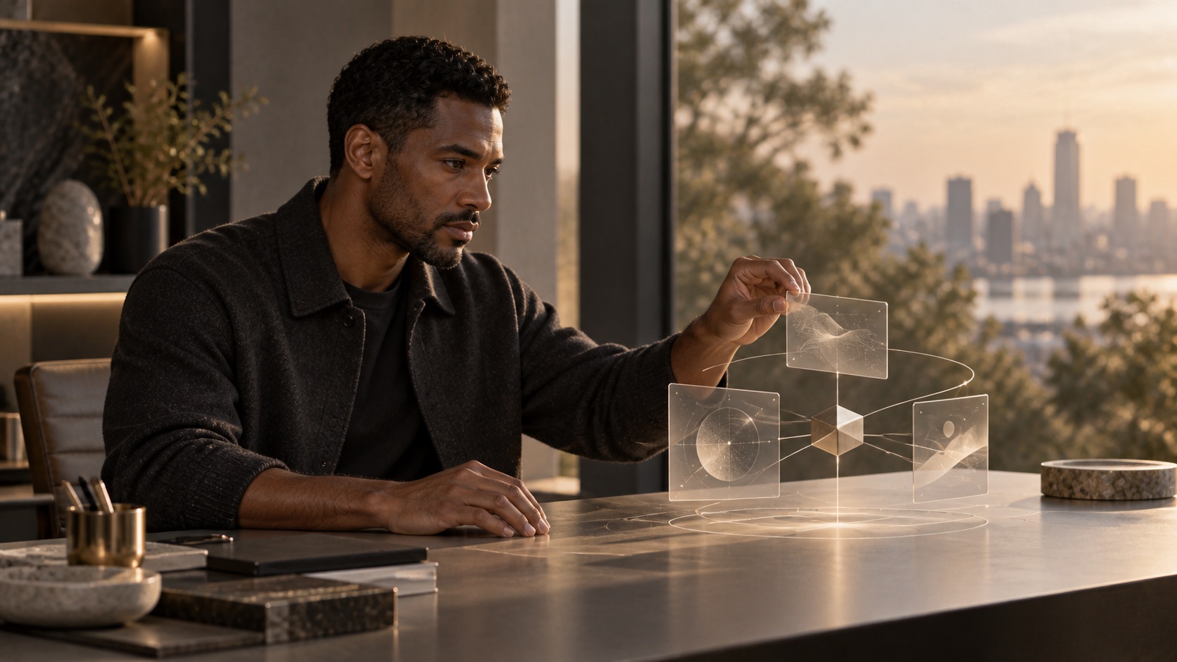 Conceptual future scene: a man arranges subtle spatial information panels into a clearer structure.